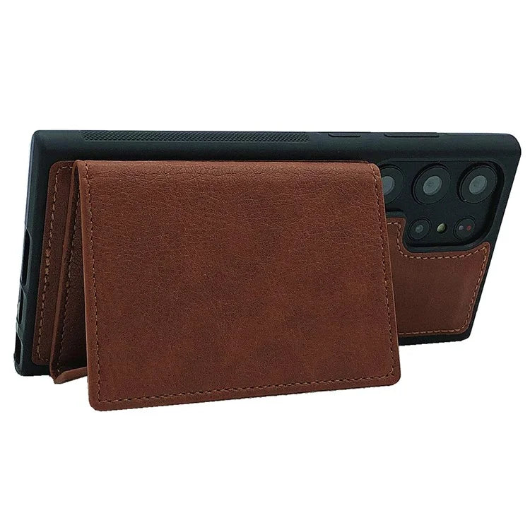 For Samsung Galaxy S22 Ultra 5G Kickstand Case PU+TPU Phone Cover with Card Bag