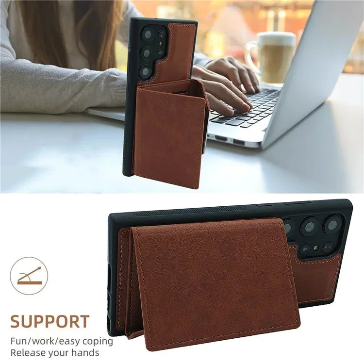 For Samsung Galaxy S22 Ultra 5G Kickstand Case PU+TPU Phone Cover with Card Bag