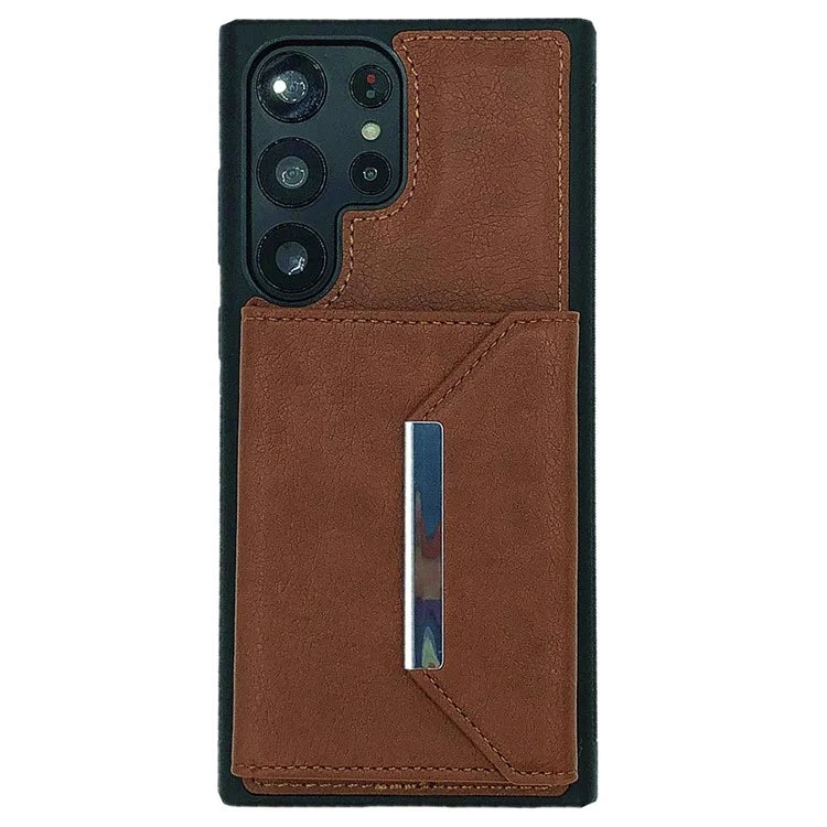 For Samsung Galaxy S22 Ultra 5G Kickstand Case PU+TPU Phone Cover with Card Bag