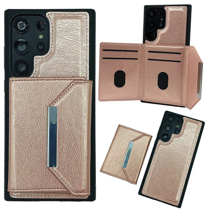 For Samsung Galaxy S22 Ultra 5G Kickstand Case PU+TPU Phone Cover with Card Bag
