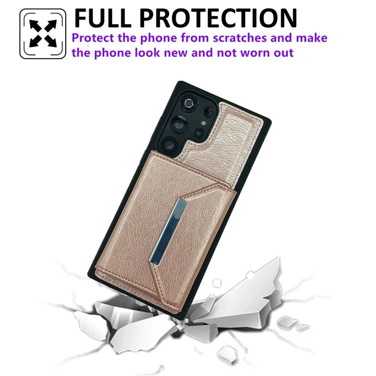 For Samsung Galaxy S22 Ultra 5G Kickstand Case PU+TPU Phone Cover with Card Bag