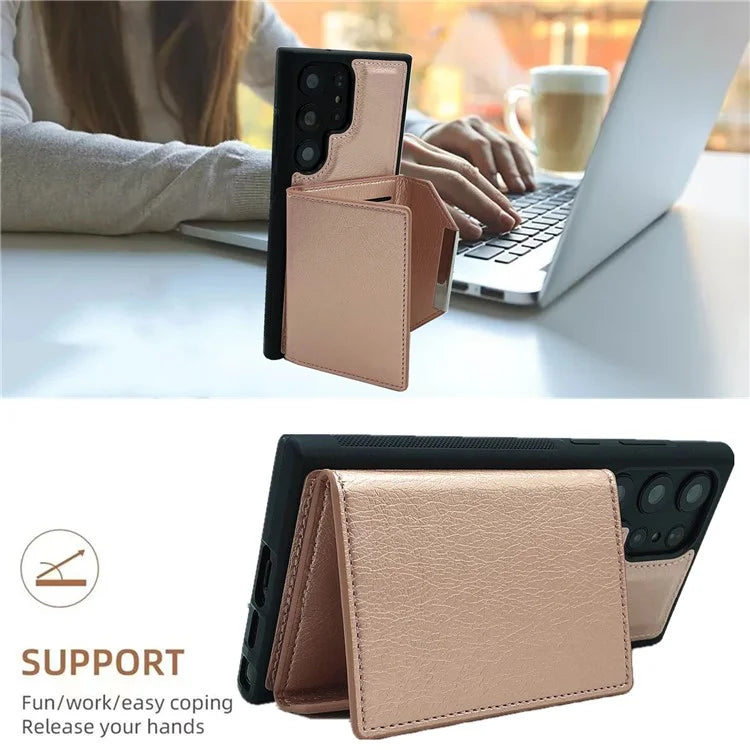 For Samsung Galaxy S22 Ultra 5G Kickstand Case PU+TPU Phone Cover with Card Bag