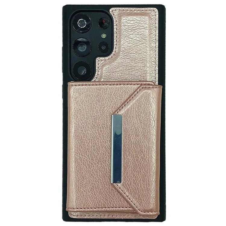 For Samsung Galaxy S22 Ultra 5G Kickstand Case PU+TPU Phone Cover with Card Bag