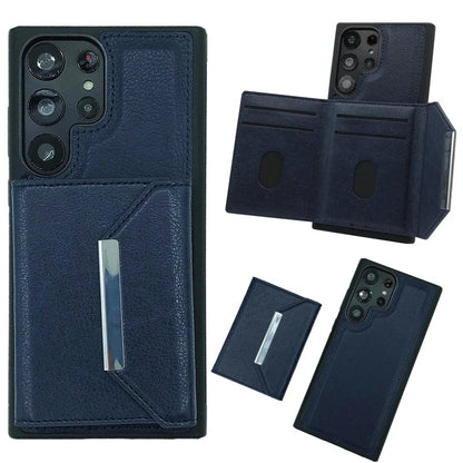 For Samsung Galaxy S22 Ultra 5G Kickstand Case PU+TPU Phone Cover with Card Bag