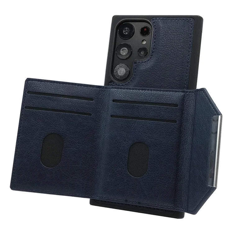 For Samsung Galaxy S22 Ultra 5G Kickstand Case PU+TPU Phone Cover with Card Bag