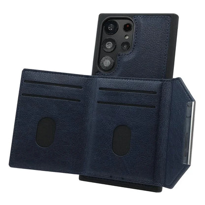 For Samsung Galaxy S22 Ultra 5G Kickstand Case PU+TPU Phone Cover with Card Bag