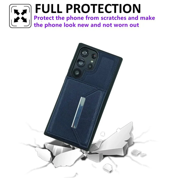 For Samsung Galaxy S22 Ultra 5G Kickstand Case PU+TPU Phone Cover with Card Bag