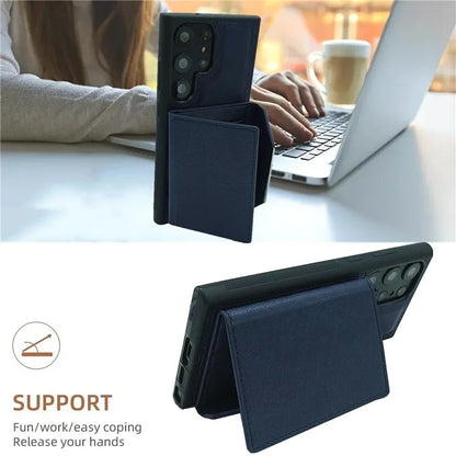 For Samsung Galaxy S22 Ultra 5G Kickstand Case PU+TPU Phone Cover with Card Bag