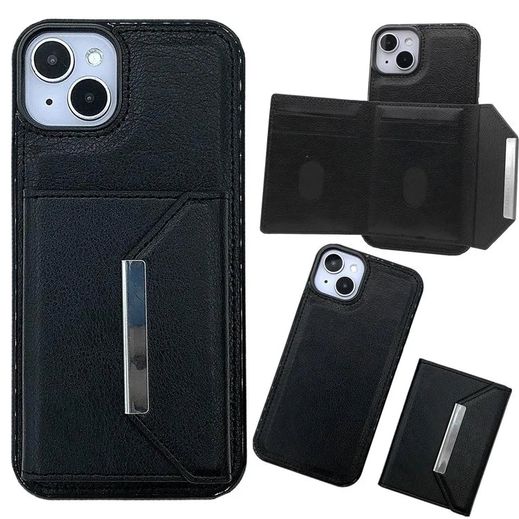 For iPhone 13 Case PU+TPU Kickstand Phone Cover Detachable Card Bag