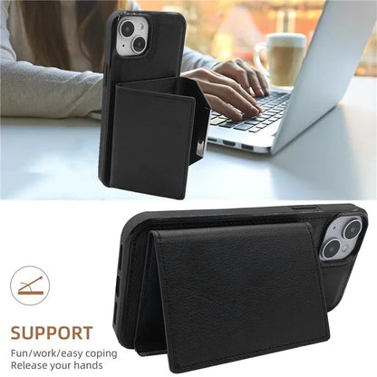 For iPhone 13 Case PU+TPU Kickstand Phone Cover Detachable Card Bag