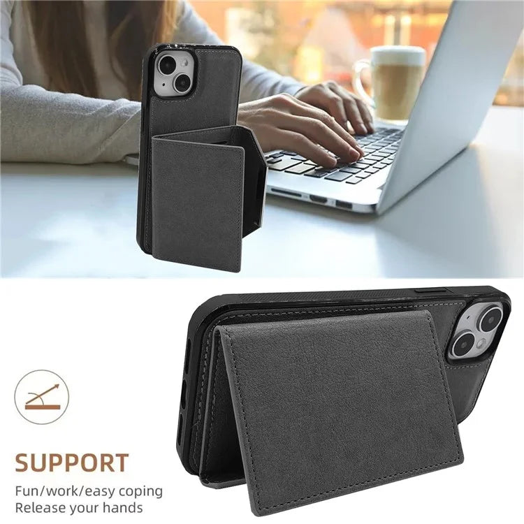 For iPhone 13 Case PU+TPU Kickstand Phone Cover Detachable Card Bag
