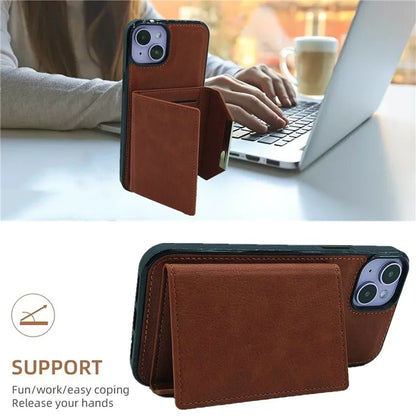 For iPhone 13 Case PU+TPU Kickstand Phone Cover Detachable Card Bag