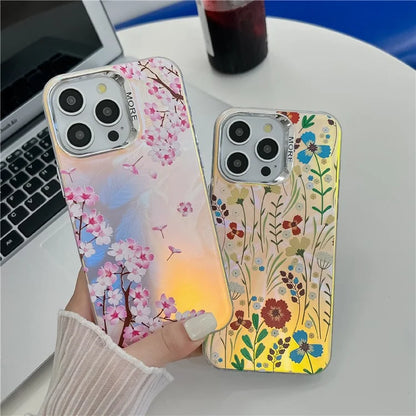 For iPhone 14 Pro Case Flower Pattern Electroplated Laser Texture Mobile Phone Cover