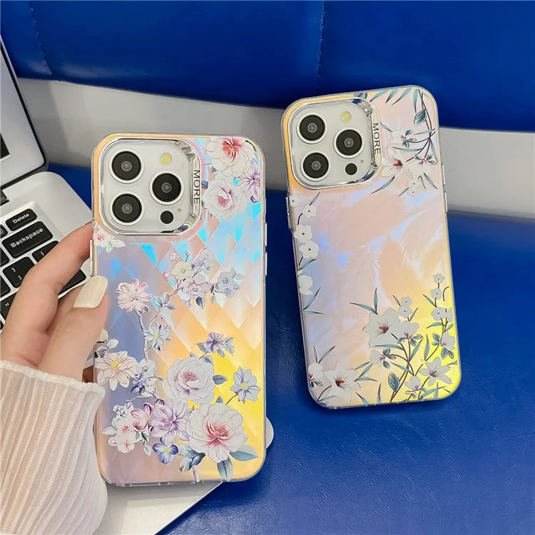 For iPhone 14 Pro Case Flower Pattern Electroplated Laser Texture Mobile Phone Cover6
