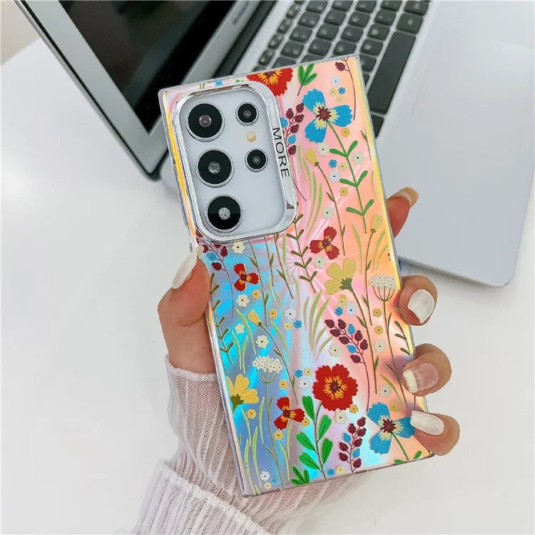 For Samsung Galaxy S23 Ultra Case Flower Pattern Electroplated Laser Texture Mobile Phone Cover