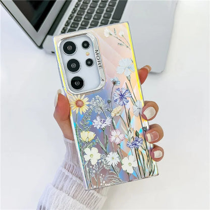 For Samsung Galaxy S23 Ultra Case Flower Pattern Electroplated Laser Texture Mobile Phone Cover
