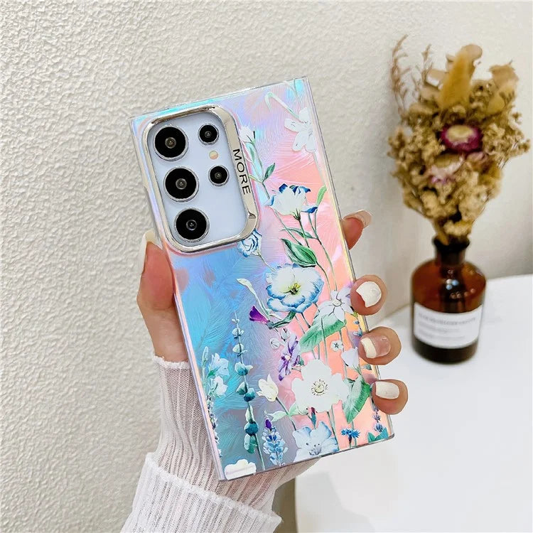 For Samsung Galaxy S23 Ultra Case Flower Pattern Electroplated Laser Texture Mobile Phone Cover