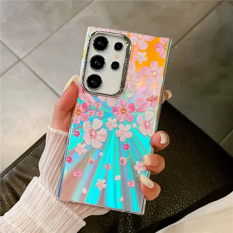 For Samsung Galaxy S23 Ultra Case Flower Pattern Electroplated Laser Texture Mobile Phone Cover3