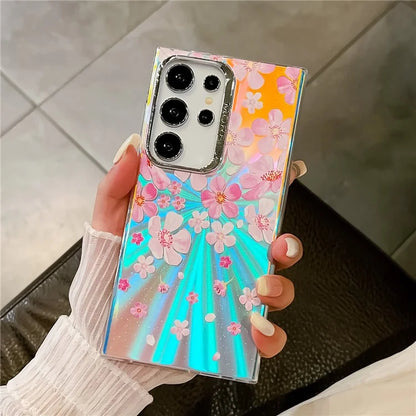 For Samsung Galaxy S23 Ultra Case Flower Pattern Electroplated Laser Texture Mobile Phone Cover3