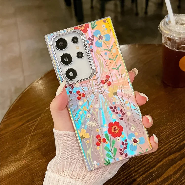 For Samsung Galaxy S22 Ultra 5G Slim Case Flower Pattern Electroplated Laser Effect Phone Cover