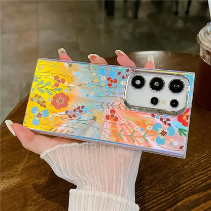 For Samsung Galaxy S22 Ultra 5G Slim Case Flower Pattern Electroplated Laser Effect Phone Cover