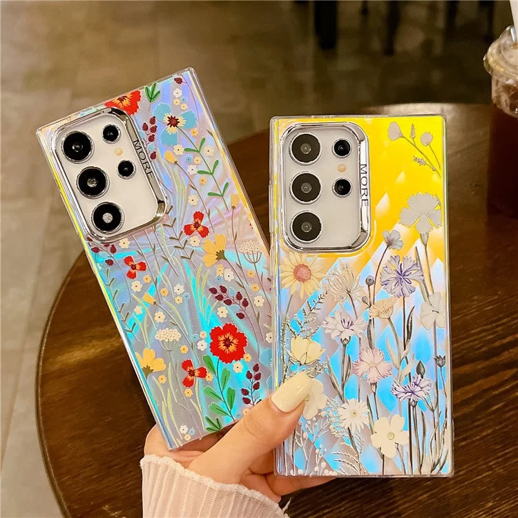 For Samsung Galaxy S22 Ultra 5G Slim Case Flower Pattern Electroplated Laser Effect Phone Cover