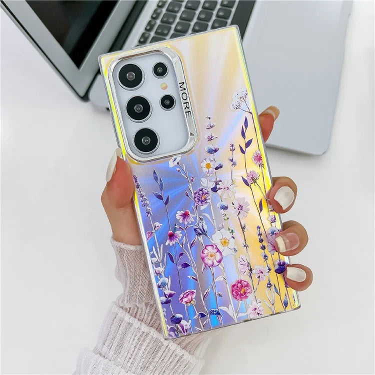 For Samsung Galaxy S22 Ultra 5G Slim Case Flower Pattern Electroplated Laser Effect Phone Cover
