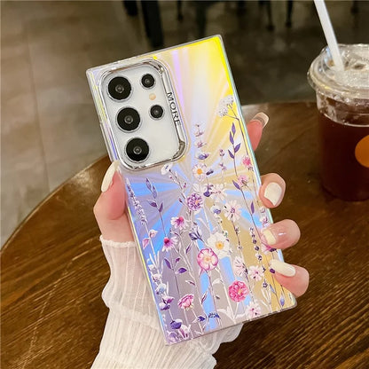 For Samsung Galaxy S22 Ultra 5G Slim Case Flower Pattern Electroplated Laser Effect Phone Cover