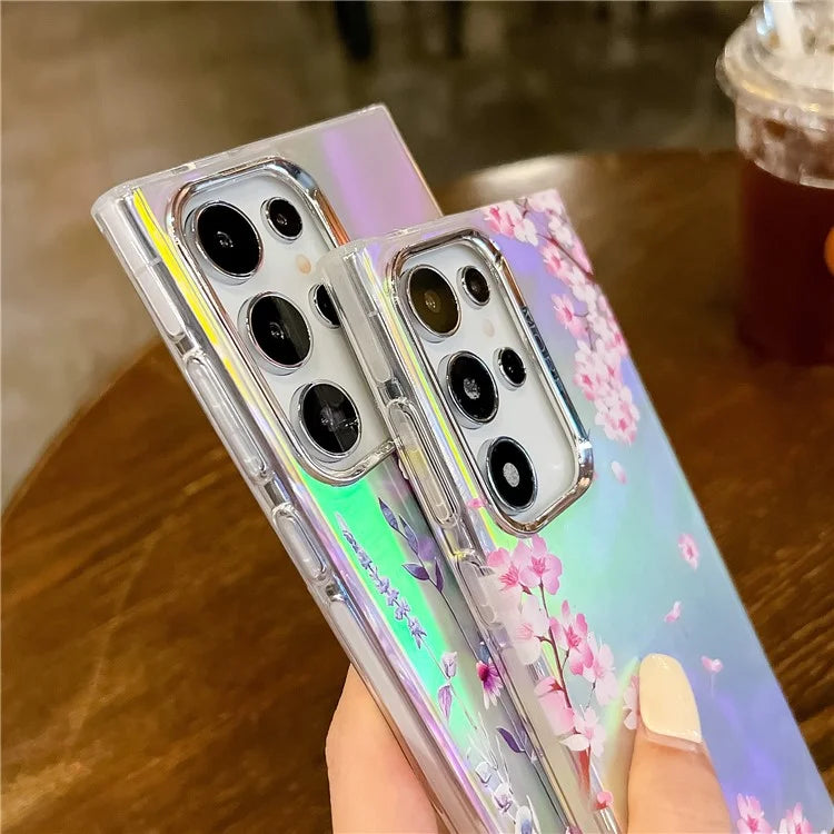 For Samsung Galaxy S22 Ultra 5G Slim Case Flower Pattern Electroplated Laser Effect Phone Cover