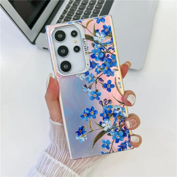 For Samsung Galaxy S22 Ultra 5G Slim Case Flower Pattern Electroplated Laser Effect Phone Cover