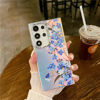 For Samsung Galaxy S22 Ultra 5G Slim Case Flower Pattern Electroplated Laser Effect Phone Cover