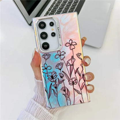 For Samsung Galaxy S22 Ultra 5G Slim Case Flower Pattern Electroplated Laser Effect Phone Cover
