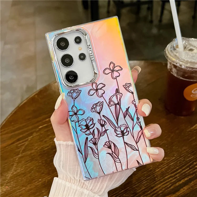 For Samsung Galaxy S22 Ultra 5G Slim Case Flower Pattern Electroplated Laser Effect Phone Cover