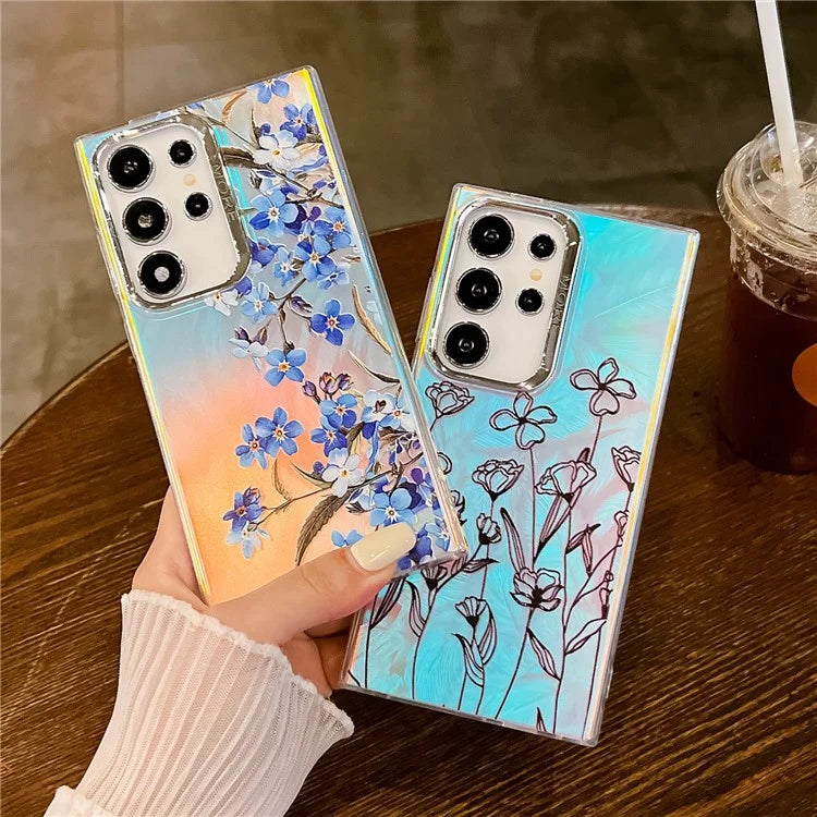 For Samsung Galaxy S22 Ultra 5G Slim Case Flower Pattern Electroplated Laser Effect Phone Cover