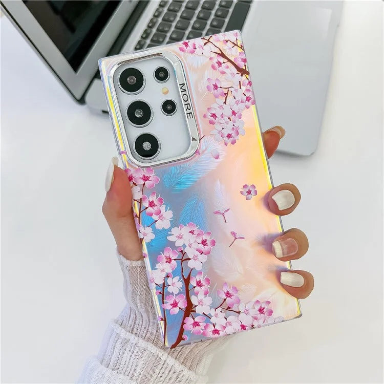 For Samsung Galaxy S22 Ultra 5G Slim Case Flower Pattern Electroplated Laser Effect Phone Cover