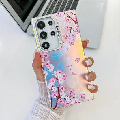 For Samsung Galaxy S22 Ultra 5G Slim Case Flower Pattern Electroplated Laser Effect Phone Cover