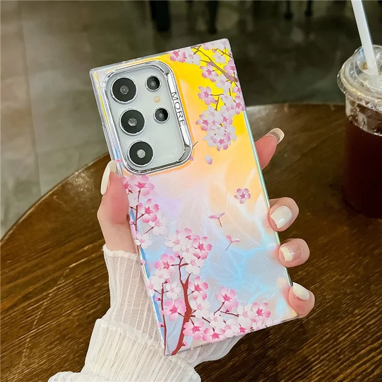For Samsung Galaxy S22 Ultra 5G Slim Case Flower Pattern Electroplated Laser Effect Phone Cover