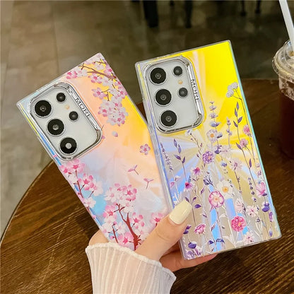 For Samsung Galaxy S22 Ultra 5G Slim Case Flower Pattern Electroplated Laser Effect Phone Cover