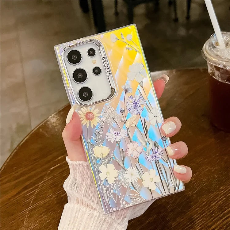 For Samsung Galaxy S22 Ultra 5G Slim Case Flower Pattern Electroplated Laser Effect Phone Cover