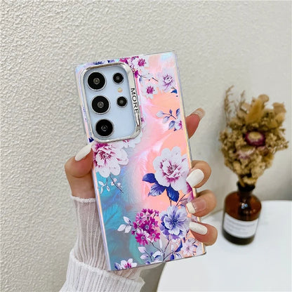 For Samsung Galaxy S22 Ultra 5G Slim Case Flower Pattern Electroplated Laser Effect Phone Cover1