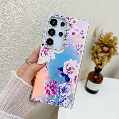 For Samsung Galaxy S22 Ultra 5G Slim Case Flower Pattern Electroplated Laser Effect Phone Cover1