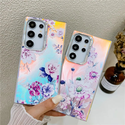 For Samsung Galaxy S22 Ultra 5G Slim Case Flower Pattern Electroplated Laser Effect Phone Cover1