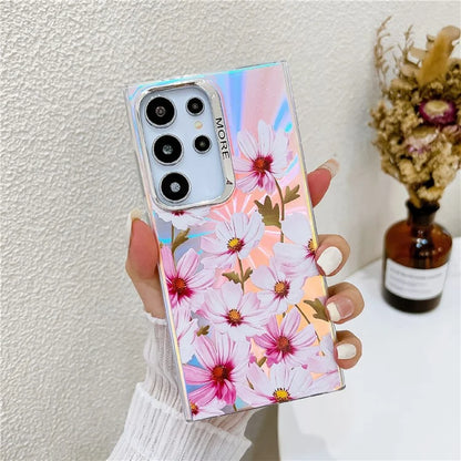 For Samsung Galaxy S22 Ultra 5G Slim Case Flower Pattern Electroplated Laser Effect Phone Cover