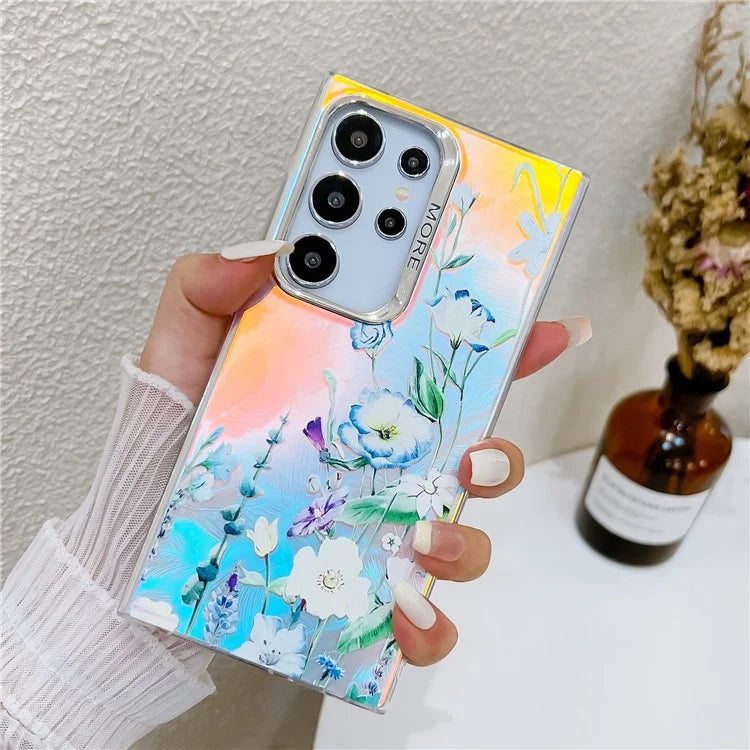 For Samsung Galaxy S22 Ultra 5G Slim Case Flower Pattern Electroplated Laser Effect Phone Cover