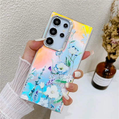 For Samsung Galaxy S22 Ultra 5G Slim Case Flower Pattern Electroplated Laser Effect Phone Cover
