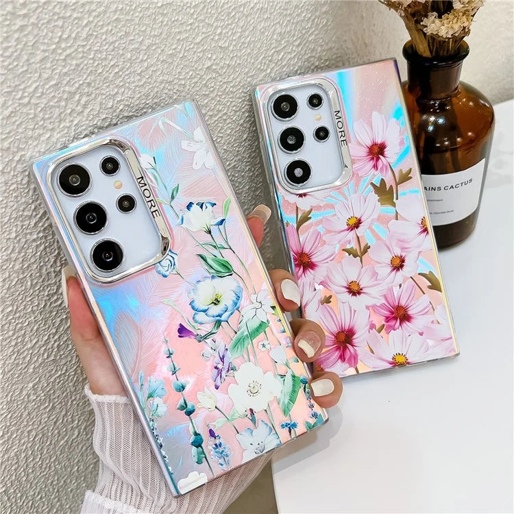 For Samsung Galaxy S22 Ultra 5G Slim Case Flower Pattern Electroplated Laser Effect Phone Cover