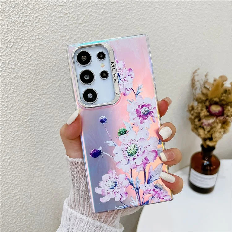 For Samsung Galaxy S22 Ultra 5G Slim Case Flower Pattern Electroplated Laser Effect Phone Cover