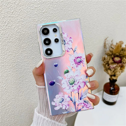 For Samsung Galaxy S22 Ultra 5G Slim Case Flower Pattern Electroplated Laser Effect Phone Cover