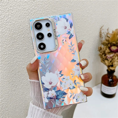For Samsung Galaxy S22 Ultra 5G Slim Case Flower Pattern Electroplated Laser Effect Phone Cover0