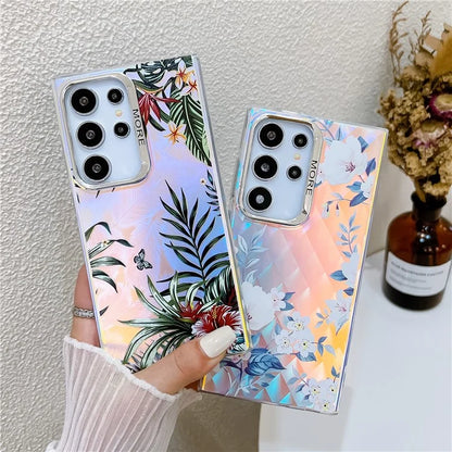 For Samsung Galaxy S22 Ultra 5G Slim Case Flower Pattern Electroplated Laser Effect Phone Cover0